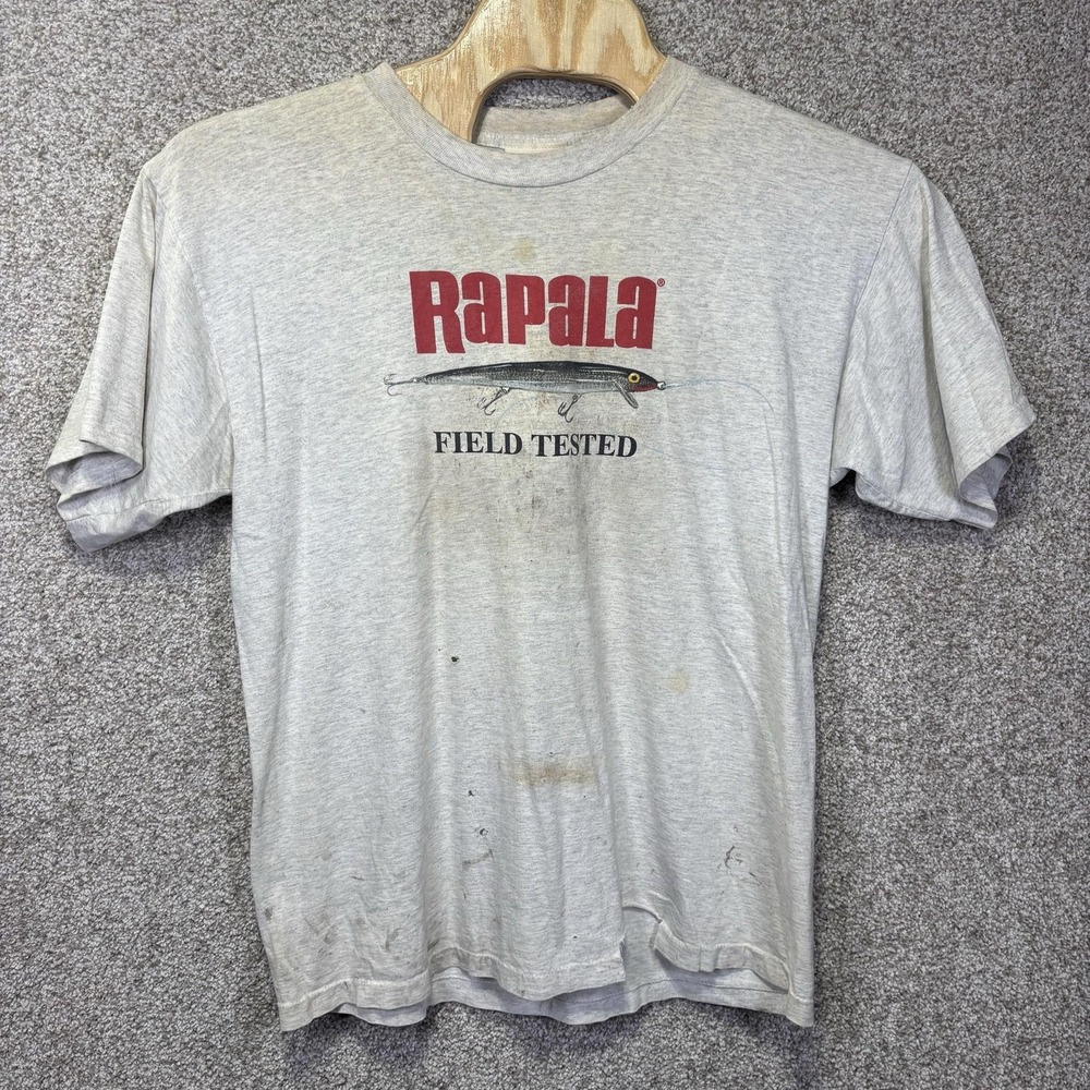 Vintage Rapala Shirt Mens XL Gray Field Tested Lure Graphic Tee Fishing 90s USA